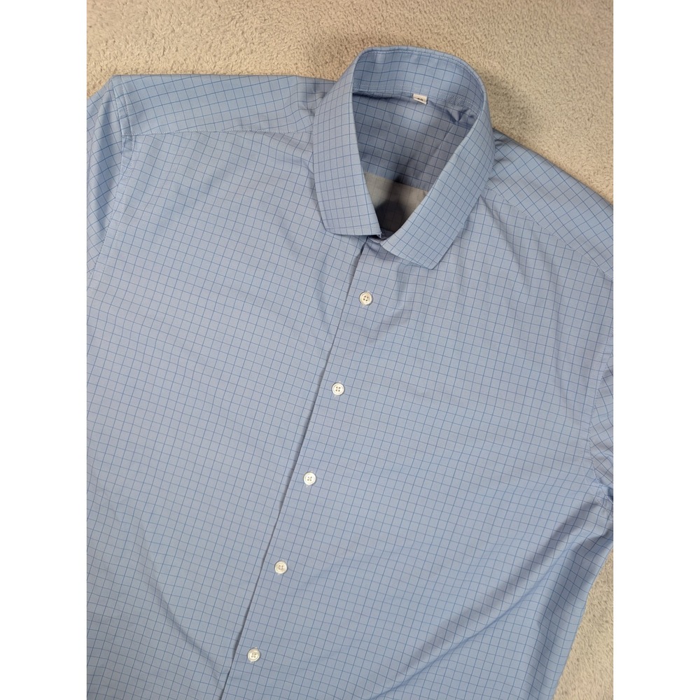 State & Liberty Mens Athletic Fit Dress Shirt Blue Grid Long Sleeve Size 46